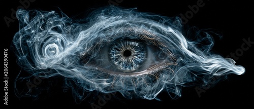 A surreal close-up of a human eye enveloped by swirling smoke.