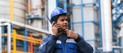 A professional industrial worker wearing a high-visibility safety vest communicates via a two-way radio at a modern manufacturing or processing facility.