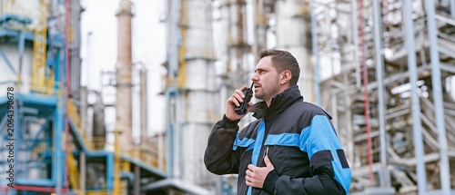A professional industrial worker wearing a high-visibility safety vest communicates via a two-way radio at a modern manufacturing or processing facility.