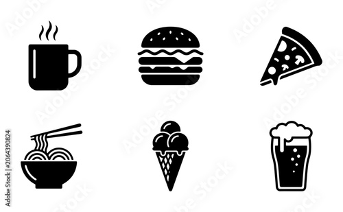Diverse Food Icons: Coffee, Burger, Pizza, Noodles, Ice Cream, Beer