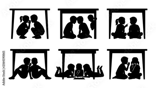Children Sharing Secrets Under Table Silhouettes