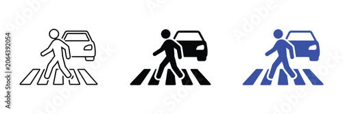 Pedestrian Crossing Icon Featuring Traffic Light, Zebra Crossing, Road Markings, Urban Street Safety, and Vector Illustration.