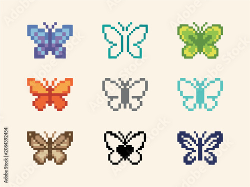 Retro Pixel Art Butterfly Icons Set Asset Vector