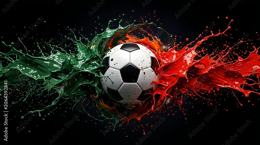 Fototapeta premium Soccer ball with green and red paint splashes