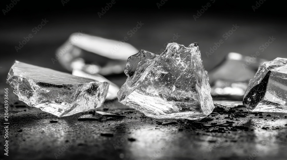 Naklejka premium Shattered Glass Pieces on Dark Surface with Reflections and Shadows