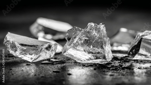 Shattered Glass Pieces on Dark Surface with Reflections and Shadows