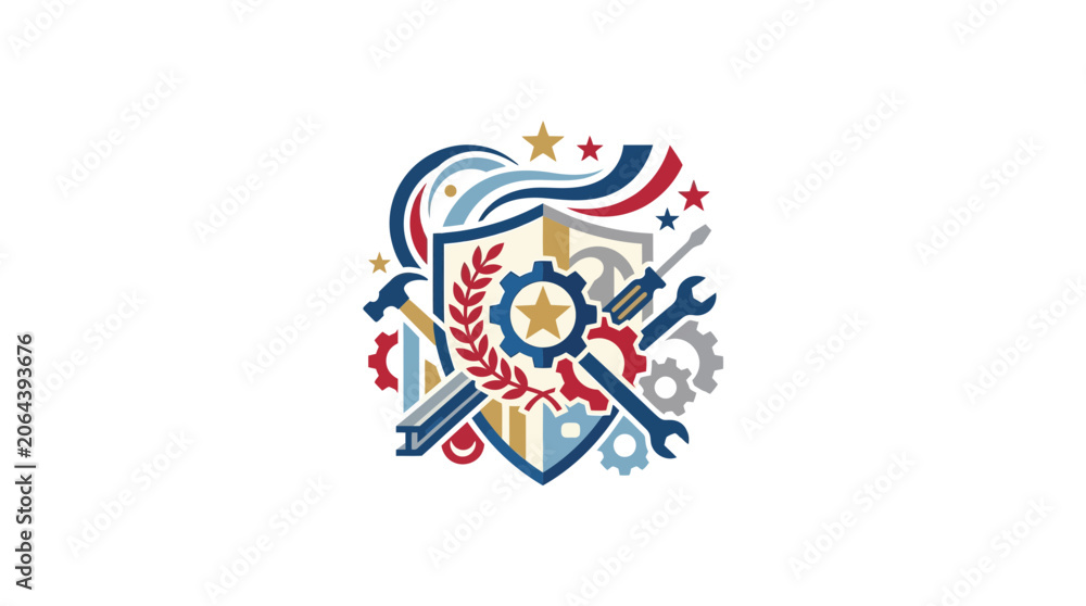 Fototapeta premium Modern Security Shield Emblem with Tools and Gear Icons