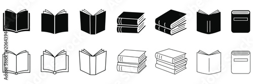 Foto Book icon set, black outline and glyph book symbols with open and closed dictionary collection for library, education and learning vector illustration