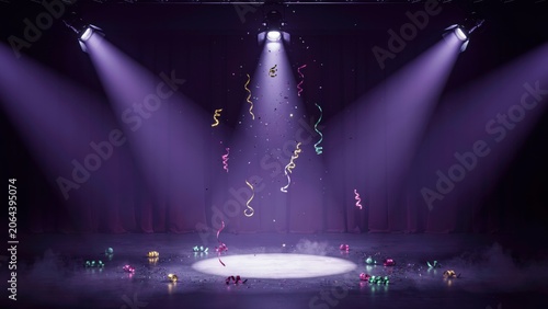 Empty stage with purple spotlights and falling colorful confetti streamers for a festive celebration event or award ceremony background