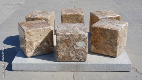Unique Stone Sculpture with Geometric Cubes on Gray Base Outdoors