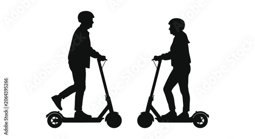 Two People Riding Electric Scooters Facing Each Other Black Silhouette
