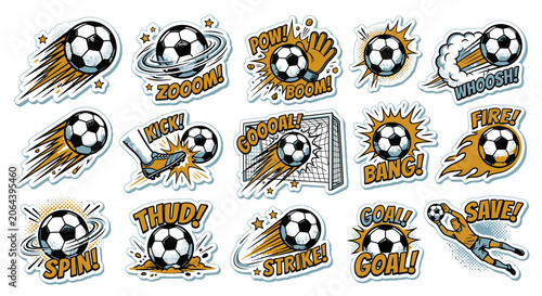 Comic soccer ball action stickers with dynamic motion effects