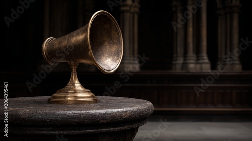 Vintage brass phonograph on wooden table in historical interior