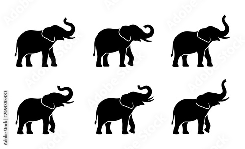 Photography Six Black Elephant Silhouettes, African Wildlife Icons, Simple Animal Graphics,