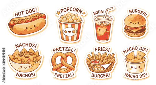 Kawaii stadium snack stickers with cute smiling food characters