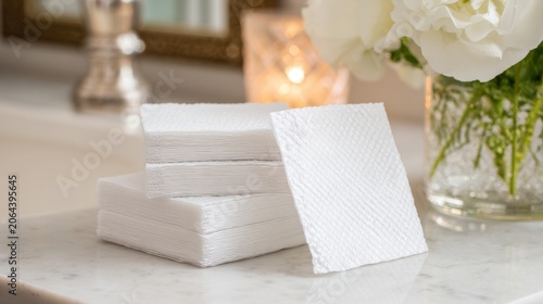 White Paper Napkins Stacked on a Marble Countertop with Flowers