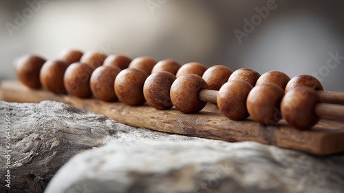 Wooden Abacus on Textured Stone Surface with Natural Lighting