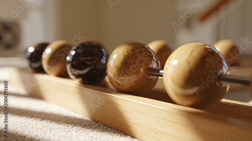 Wooden Abacus with Glossy Balls on a Sunny Interior Surface