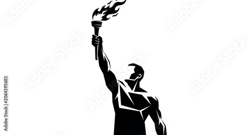Fotografie Silhouette of a muscular man holding a flaming torch aloft, symbolic of leadersh
