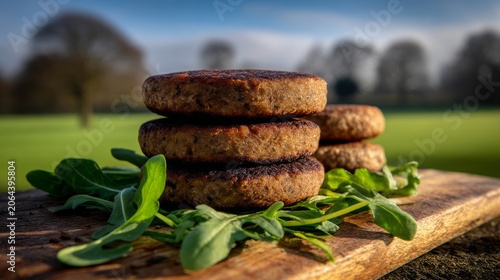Savory Plant-Based Burgers Stacked on Wooden Board with Greens