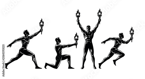 Cuadro en lienzo Athletic man silhouettes holding flaming torches in heroic poses for sports comp