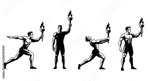 Foto Set of muscular male athlete silhouettes holding a flaming torch in various dyna