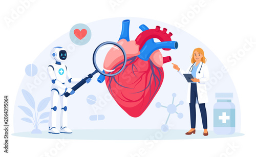 Heart Robot Doctor Analyzing Cardiovascular Health with Magnifier Female Physician Using Tablet in Modern Healthcare AI Diagnostics Vector Illustration