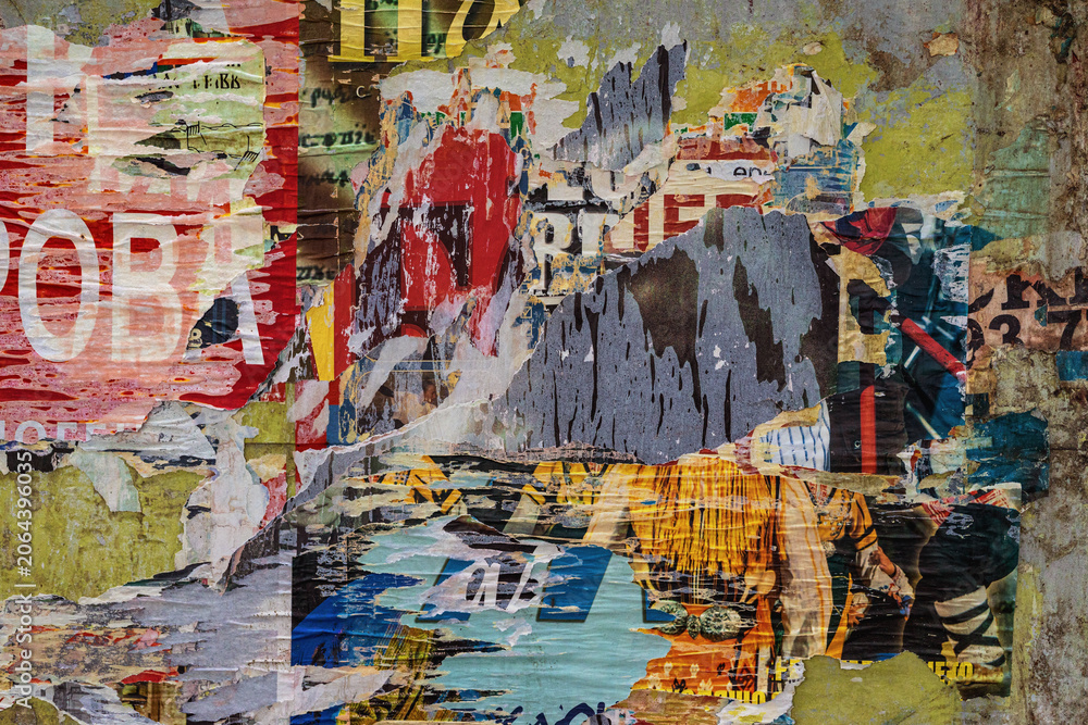 Naklejka premium Torn poster layers cover weathered wall with peeling paper, paint, grunge texture for urban poster collage. Urban poster decay, street advertising, wall texture, city background. Copy space