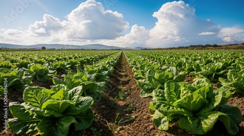 A lush green lettuce field stretches under a partly cloudy blue sky, showcasing healthy rows of crops and rich soil.