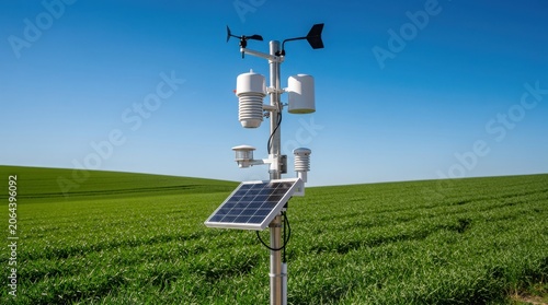A modern weather station with sensors and a solar panel stands in a green field under a clear blue sky.