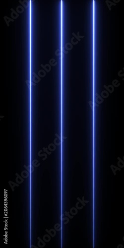 Abstract neon blue vertical light beams pulsing on black background, minimalist digital motion