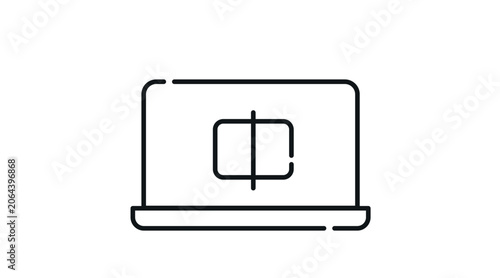 Laptop split screen icon: portable notebook computer displaying dual display layout and multitasking symbol, minimalist black line art vector illustration.
