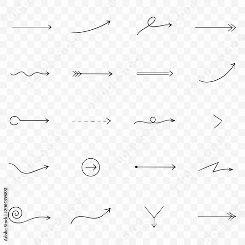 Set of hand drawn arrow elements in minimalist line art style, versatile collection of direction pointers for graphic design
