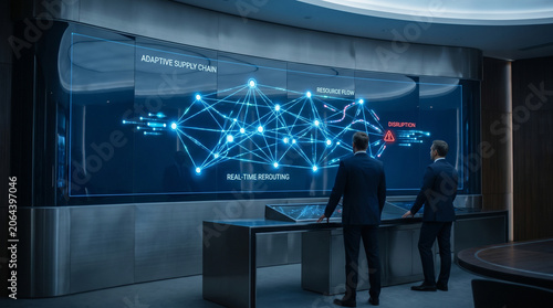 Executives observe an advanced adaptive supply chain network on a transparent display, monitoring real-time data for strategic optimization