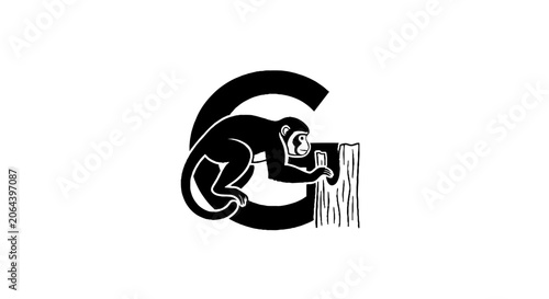 Black and white illustration of a monkey on letter C.