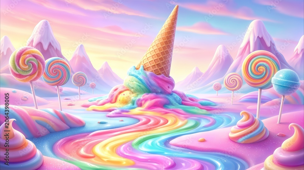 Naklejka premium Waffle cone melting into rainbow river within surreal candy landscape. Vibrant fantasy world featuring lollipop trees and marshmallow mountains.