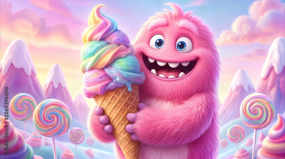 Naklejka premium Friendly pink monster holding giant rainbow ice cream cone in magical candy land. Whimsical fantasy world with lollipops and pastel mountains.