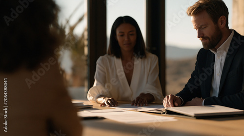 Real estate closing escrow table covered with deed transfer documents, title insurance binders, and signature tabs, buyer and seller seated at opposite ends with a closing agent
