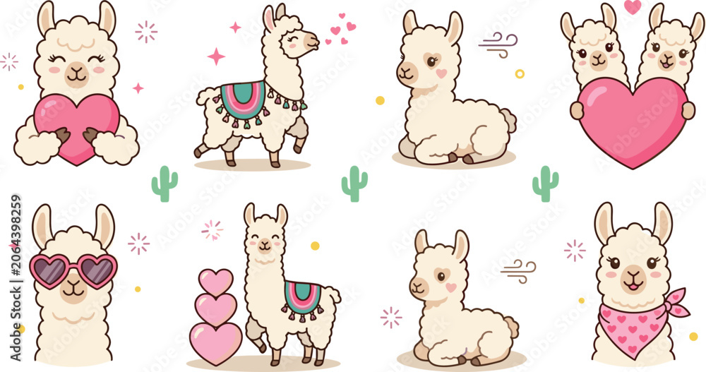Fototapeta premium Cute Cartoon Llama Illustration Set with Heart Characters, Kawaii Alpacas, Valentine Theme, Love Symbols, and Adorable Animal Designs