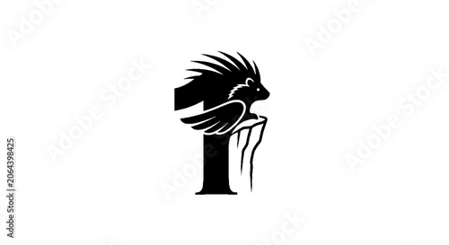 Stylized black silhouette of a bird with raised crest.