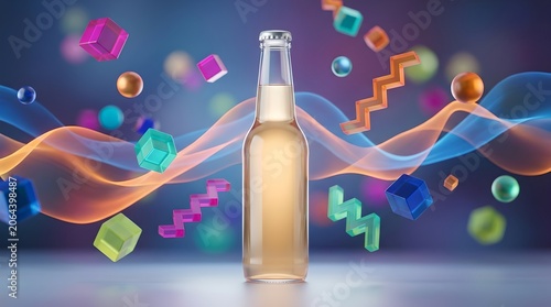 Cold beverage bottle with vibrant colorful light reflections on dark futuristic background