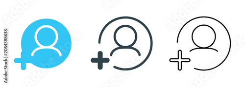 Follower icon vector set featuring user account and follower add symbols with thin line style for social media and UI design applications.