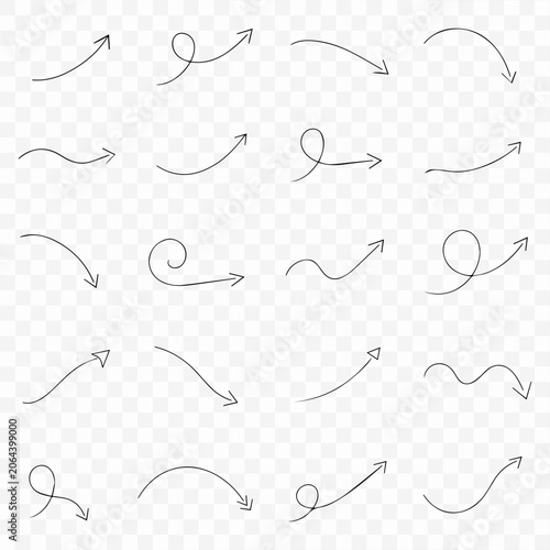 Hand drawn doodle arrows set featuring various curved and swirling shapes in black ink style