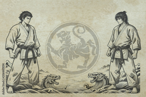 Certificate, diplom karate, martial arts with frame. Old vintage grunge paper texture background poster art design. Traditional Japan martial fighting arts aikido, judo, taekwon-do, hapkido.