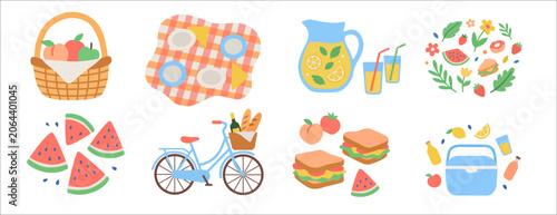 Summer Picnic Outdoor Recreation Vector Illustration Element Set with Food, Drinks and Bicycle