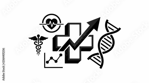 A black and white graphic with various medical icons