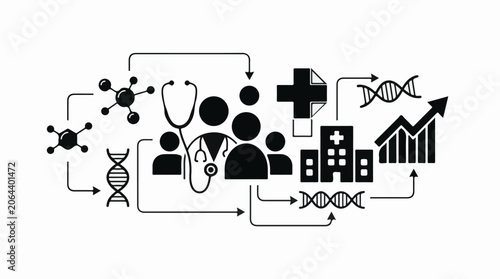A black and white infographic illustrating the relationship between medical professionals and genetic research