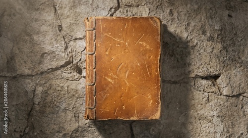 Old Bound Book With Worn Cover Photorealistic Stone Background