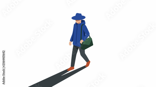 A cartoon illustration of a person walking with a bag