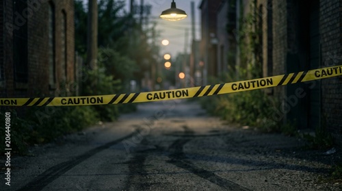 Caution tape blocking an alleyway gritty urban scene